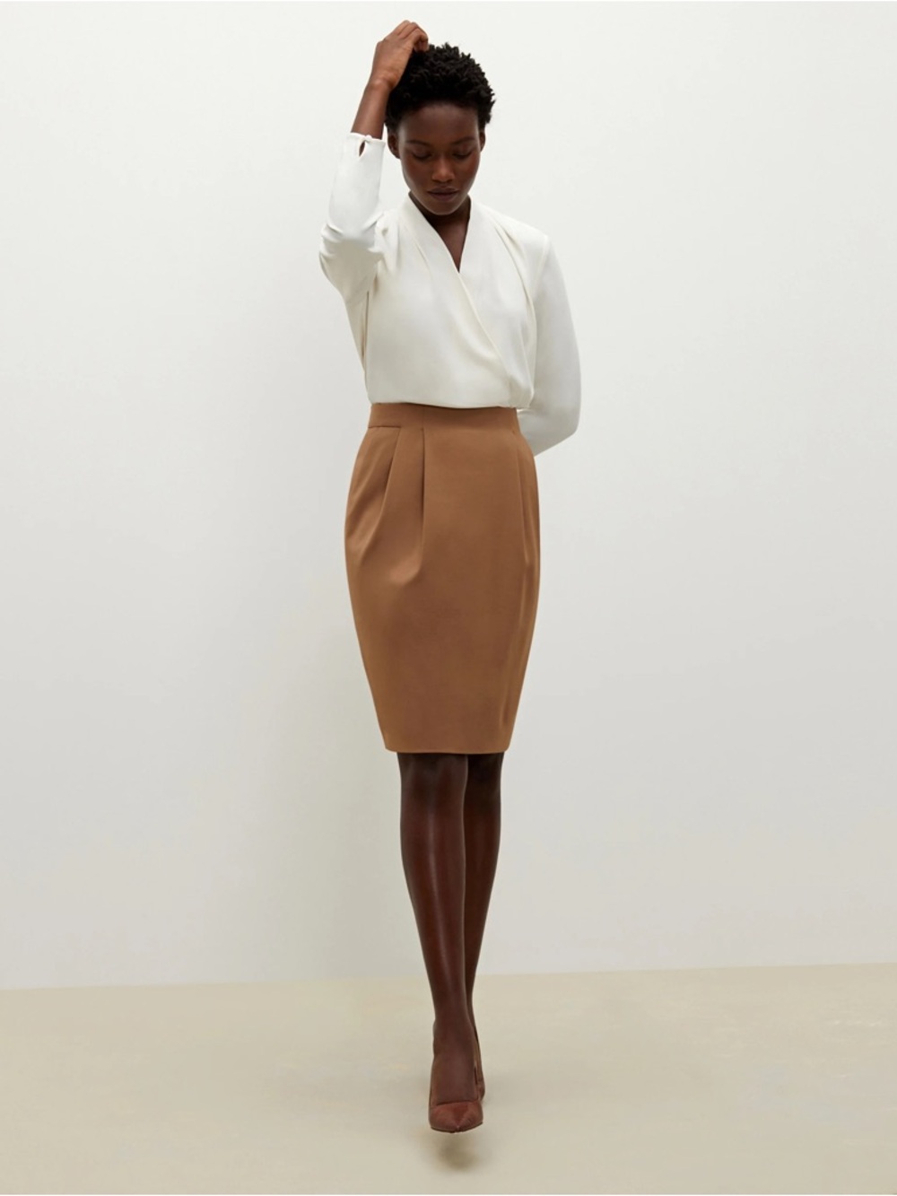 MM Lafleur Remy‎ 1.0 Washable Twill Camel Brown Pencil Skirt Wool Knee Blend